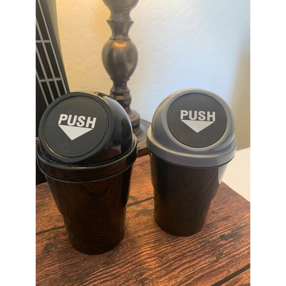 Mini Car Trash Can With Push Lid Black & Gray Plastic Compact Design For Vehicle - Picture 3 of 3